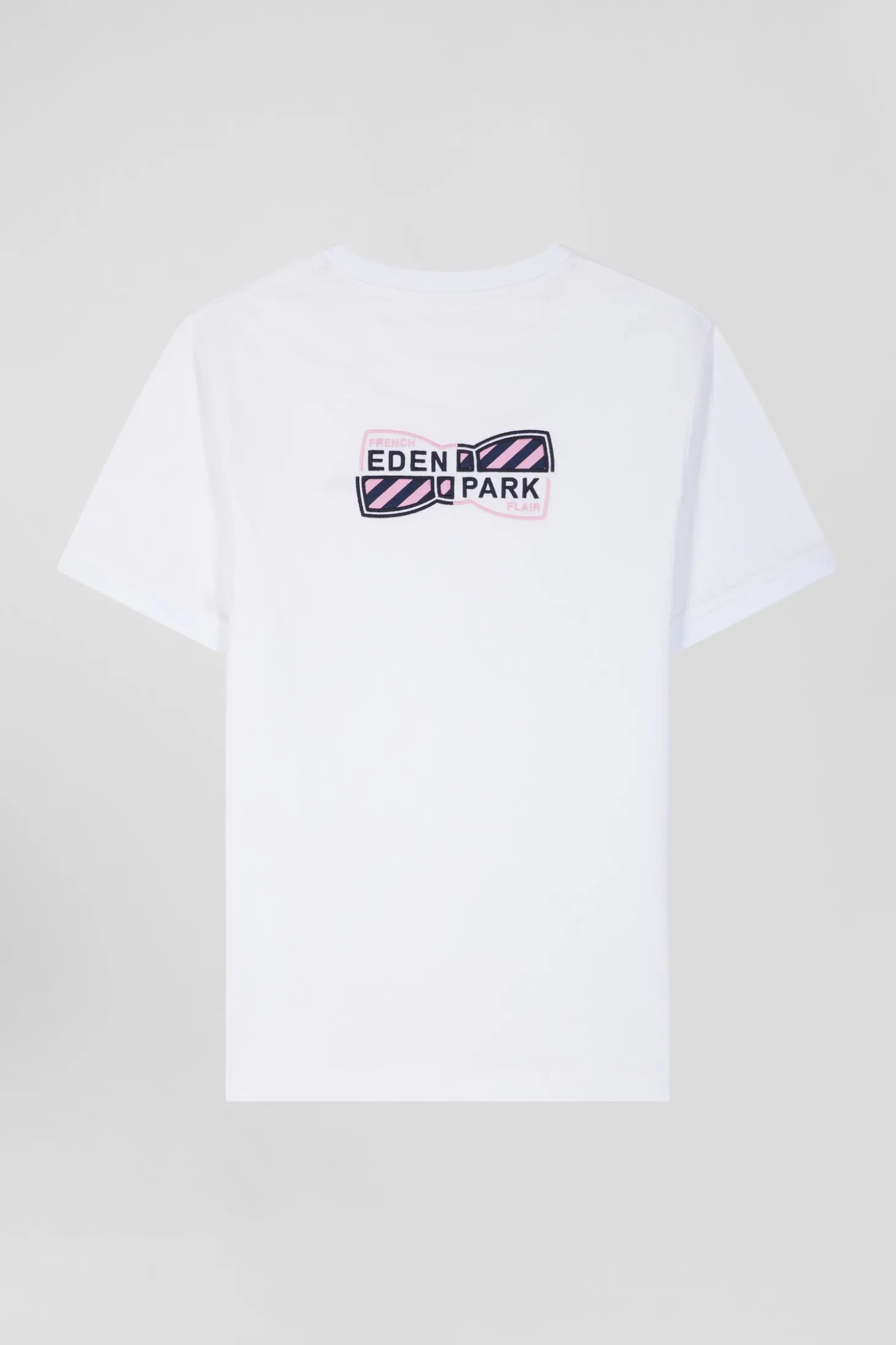 Regular white short-sleeved cotton T-shirt with back emblem embroidery