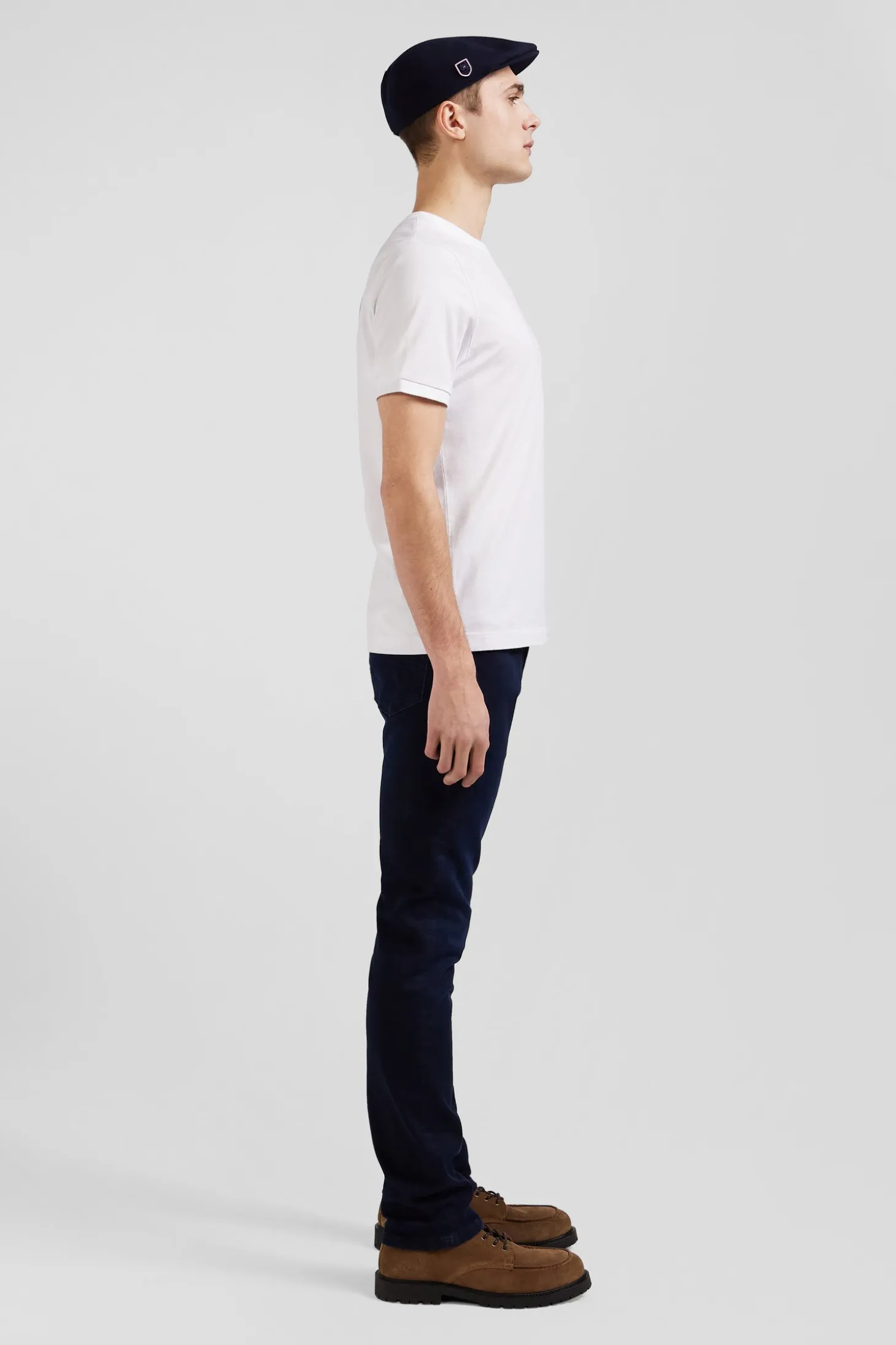 Regular white short-sleeved cotton T-shirt with back emblem embroidery