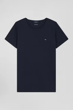 Regular women's navy blue short-sleeved cotton T-shirt