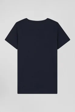 Regular women's navy blue short-sleeved cotton T-shirt