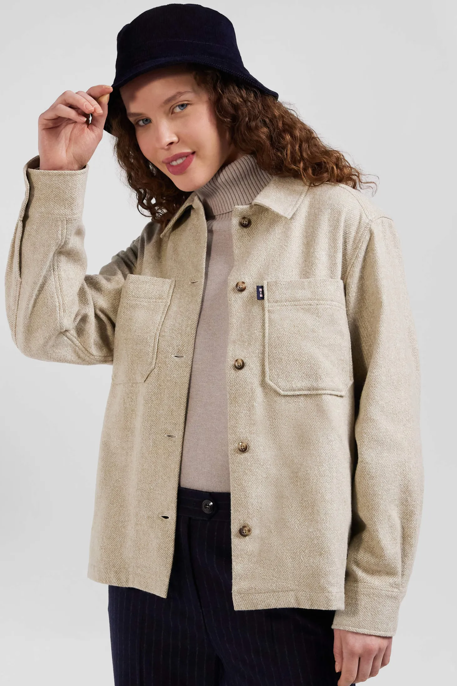 Relax beige mixed cotton overshirt with patch pockets