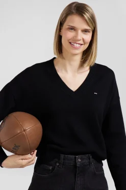 Relax black wool and cotton V-neck jumper