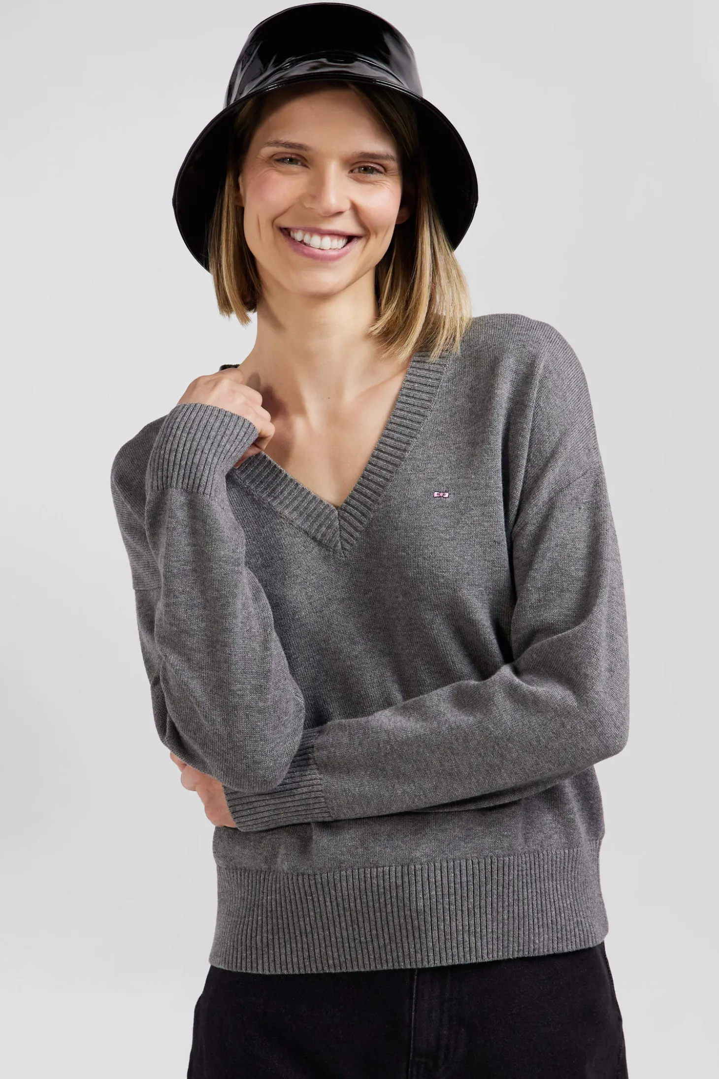 Relax light grey wool and cotton V-neck jumper