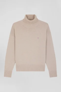 Relaxed beige wool and cotton turtleneck jumper