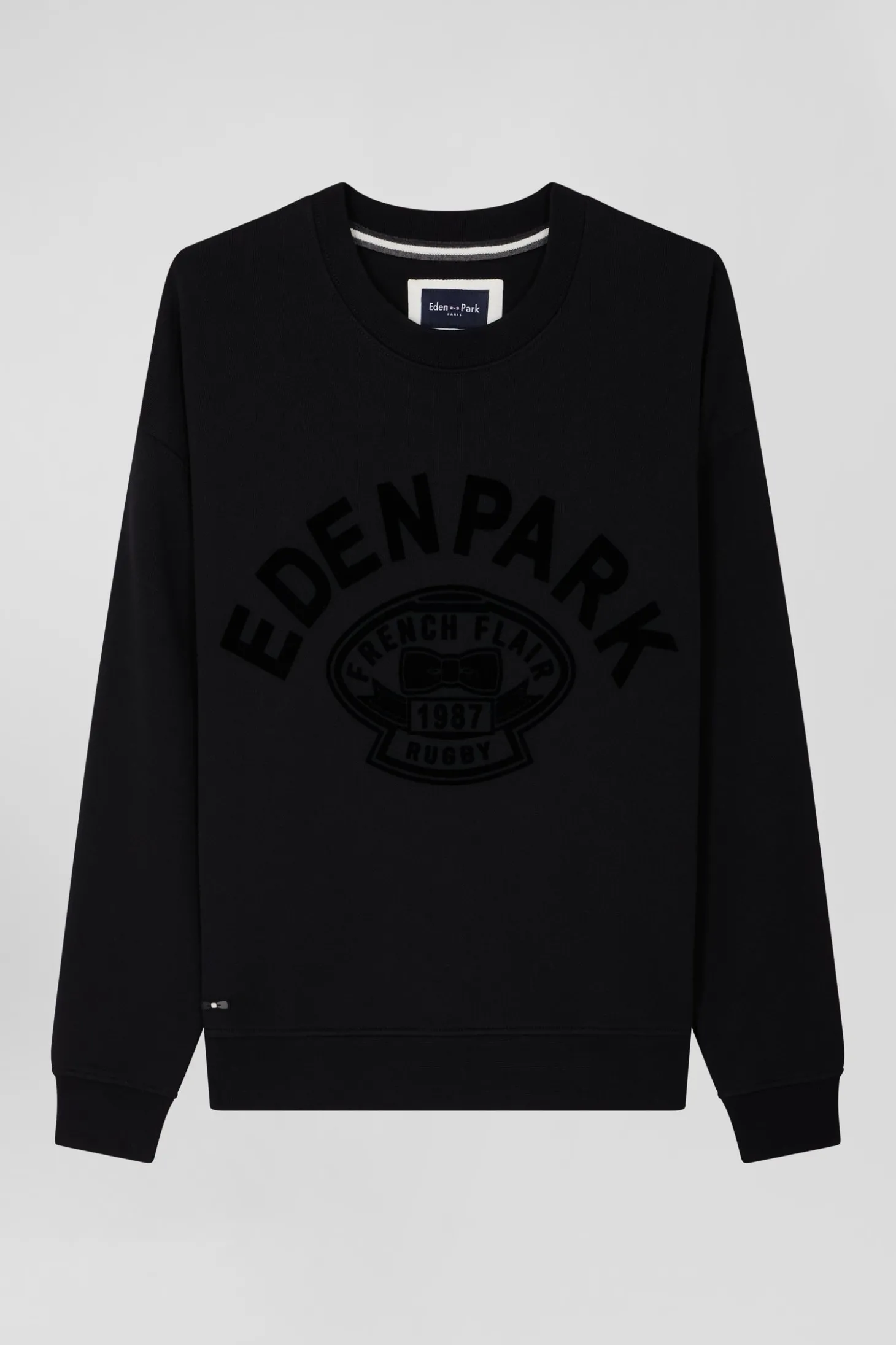 Relaxed black cotton sweatshirt with velvet flocked print