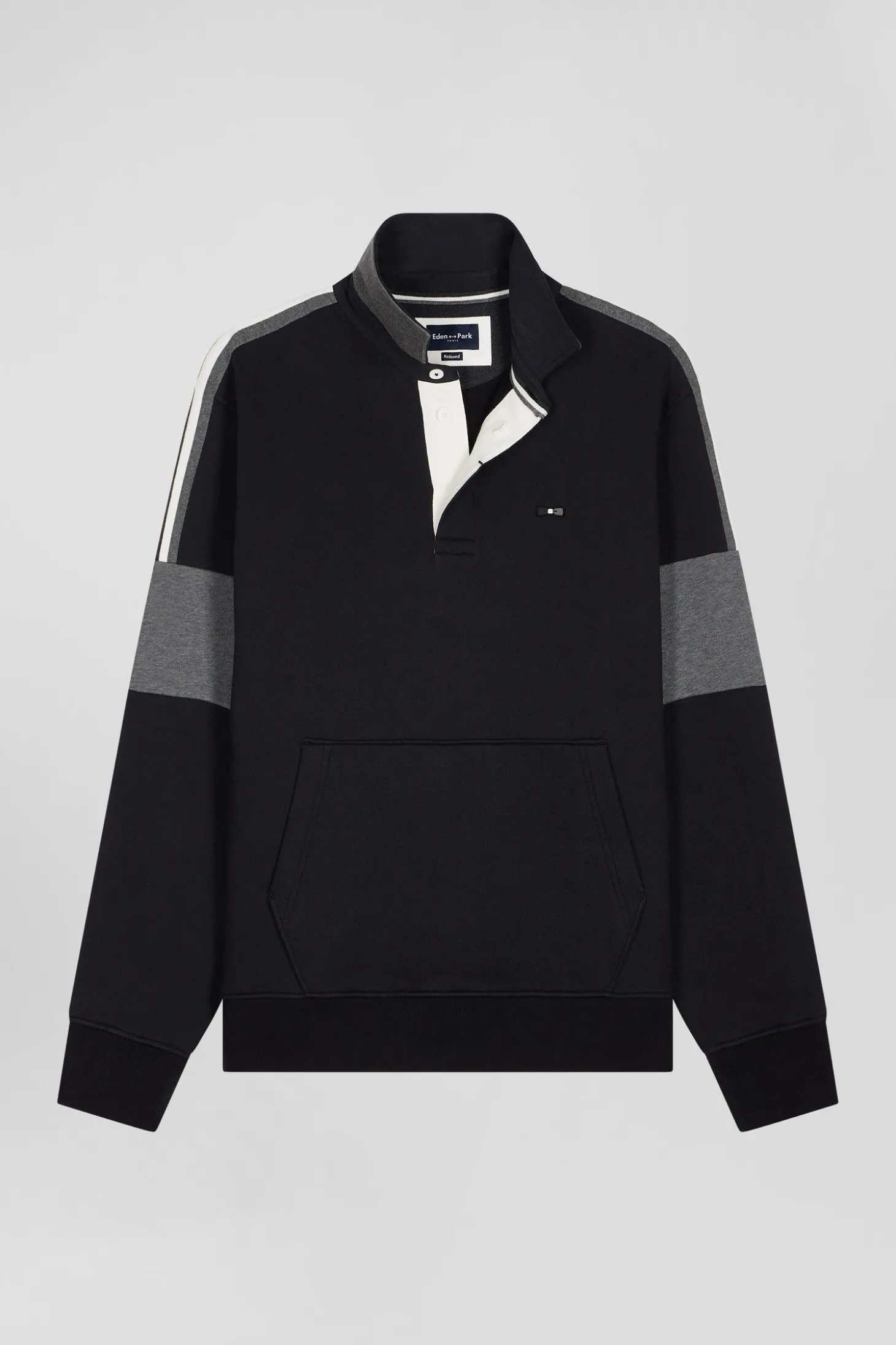 Relaxed black cotton sweatshirt with rugby shirt collar
