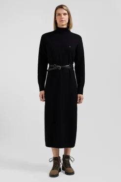 Relaxed black wool and cotton turtleneck dress