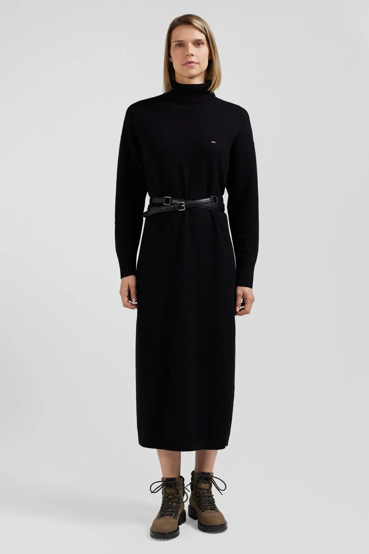 Relaxed black wool and cotton turtleneck dress