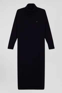 Relaxed black wool and cotton turtleneck dress