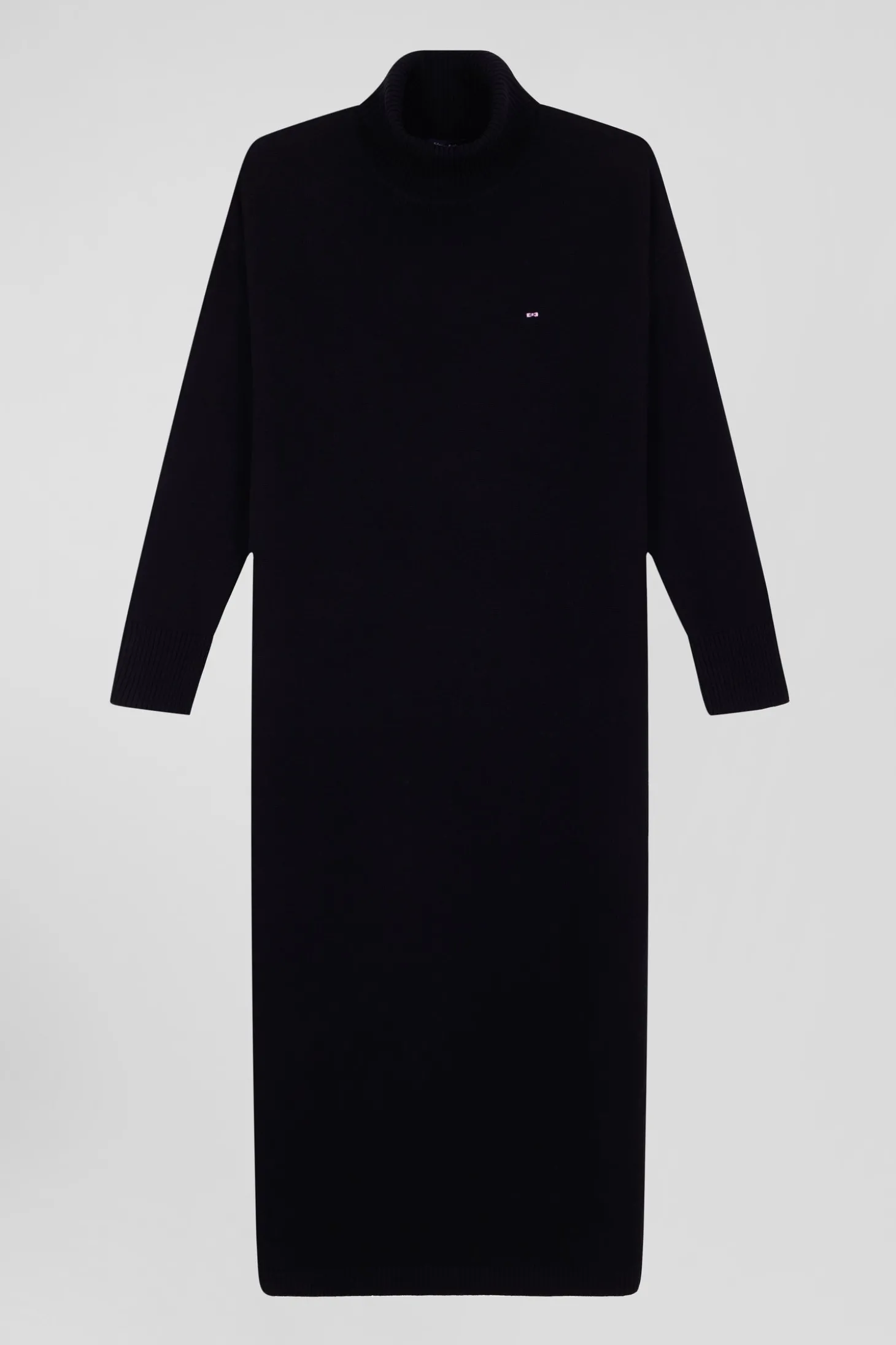 Relaxed black wool and cotton turtleneck dress