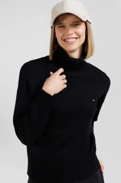 Relaxed black wool and cotton turtleneck jumper
