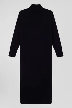 Relaxed black wool and cotton turtleneck dress