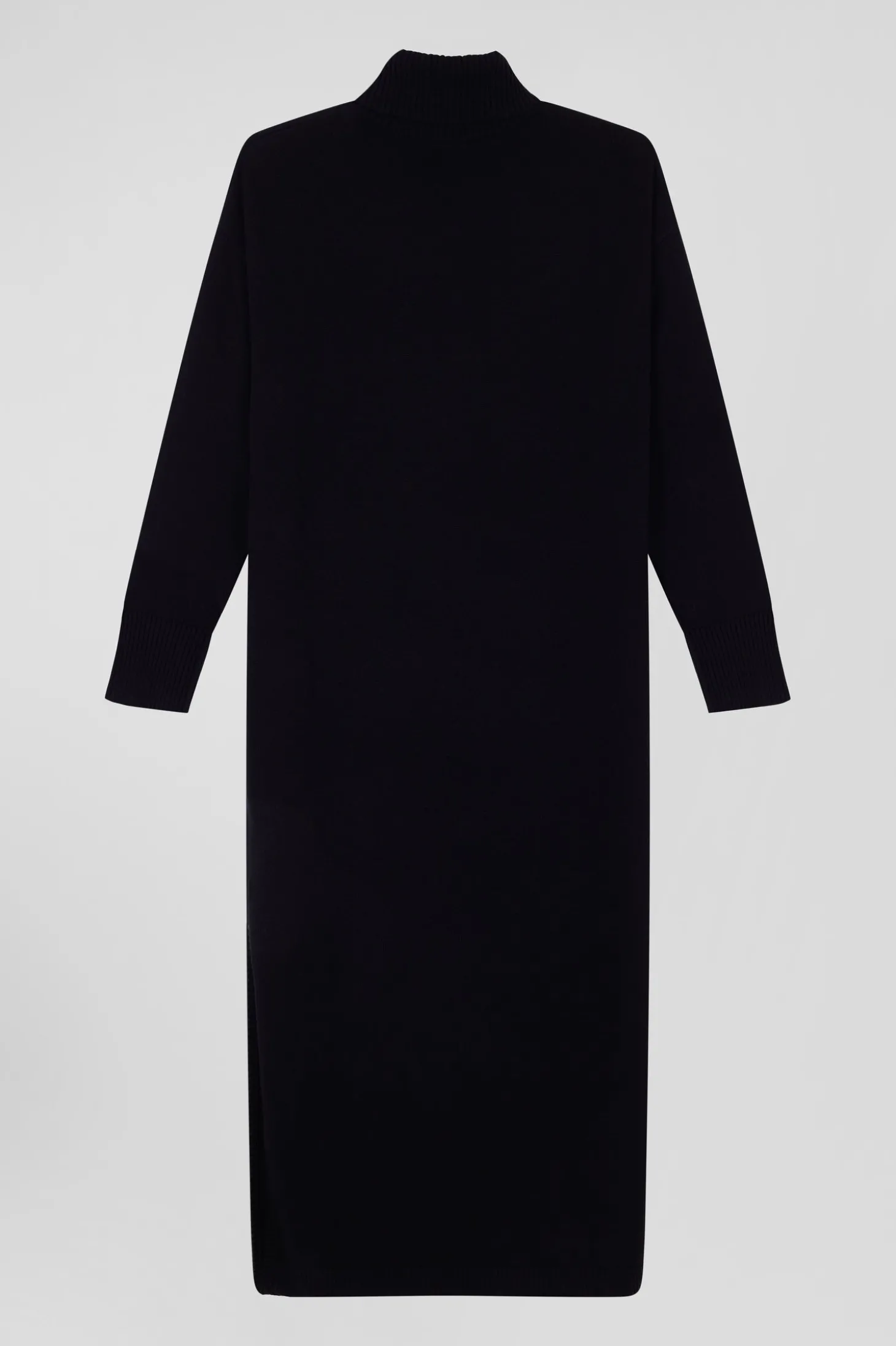 Relaxed black wool and cotton turtleneck dress