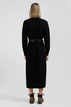 Relaxed black wool and cotton turtleneck dress