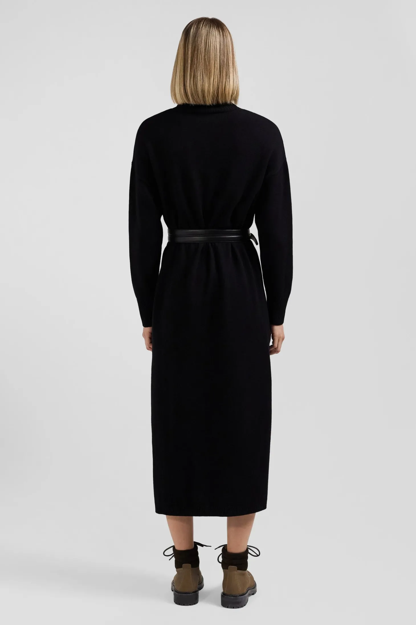 Relaxed black wool and cotton turtleneck dress