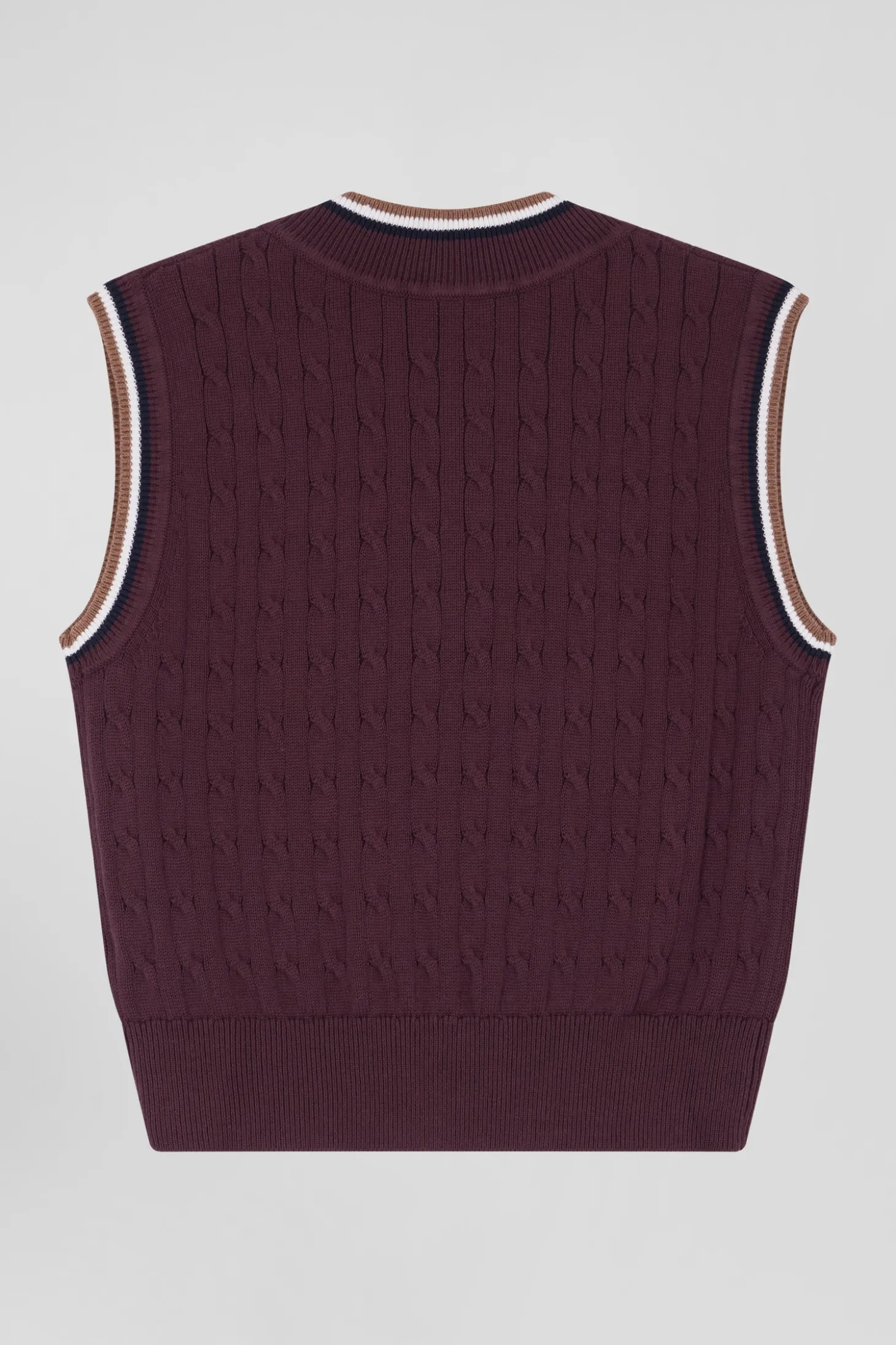 Relaxed burgundy cable-knit cotton V-neck sleeveless jumper