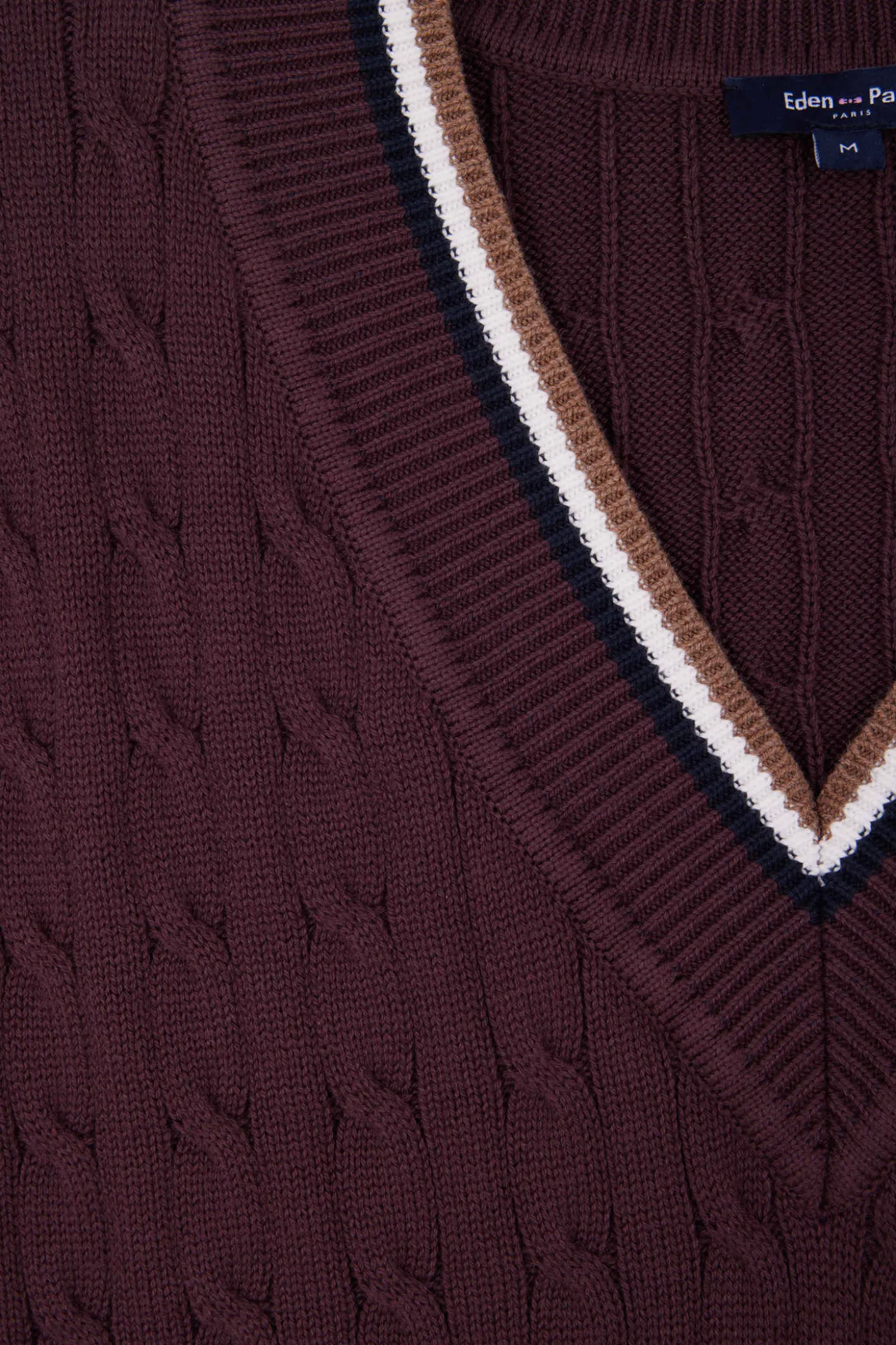 Relaxed burgundy cable-knit cotton V-neck sleeveless jumper