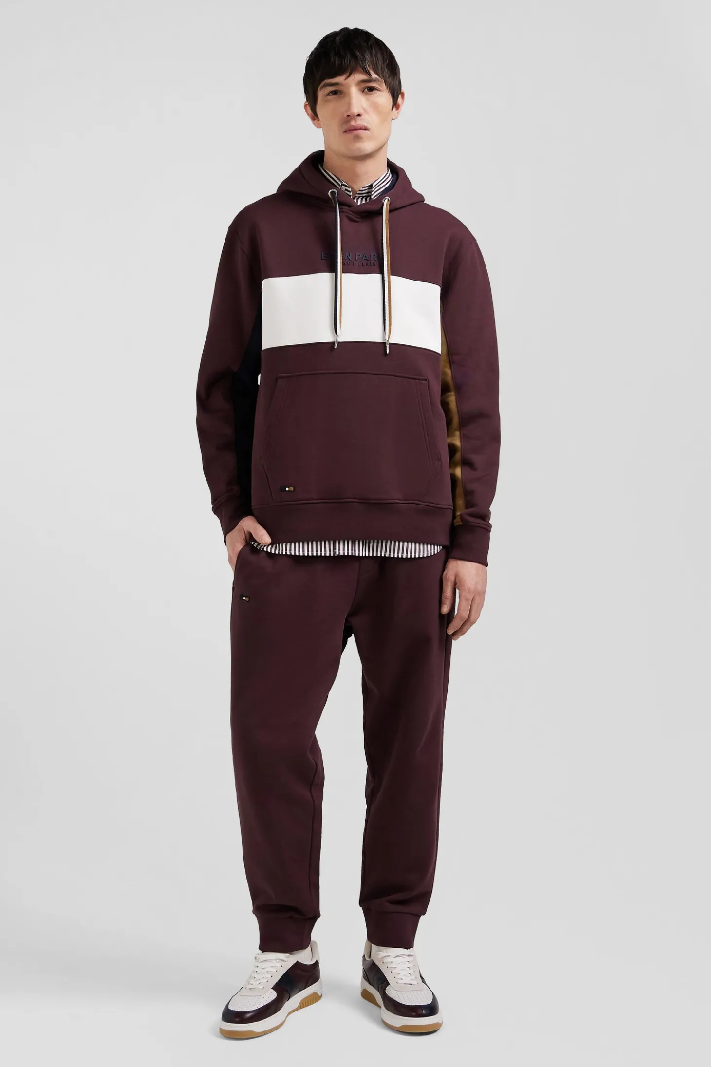 Relaxed burgundy colorblock cotton hoodie