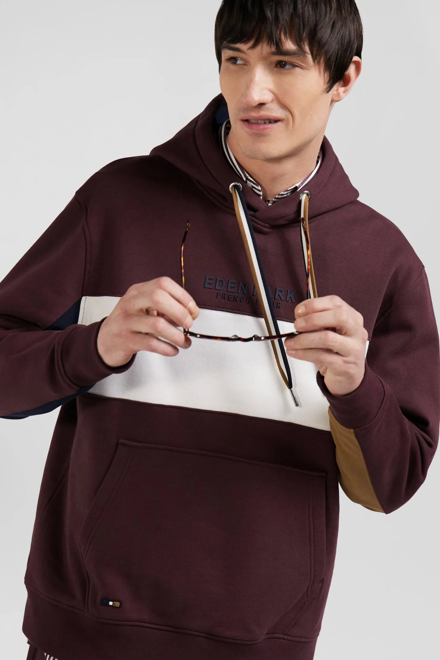 Relaxed burgundy colorblock cotton hoodie