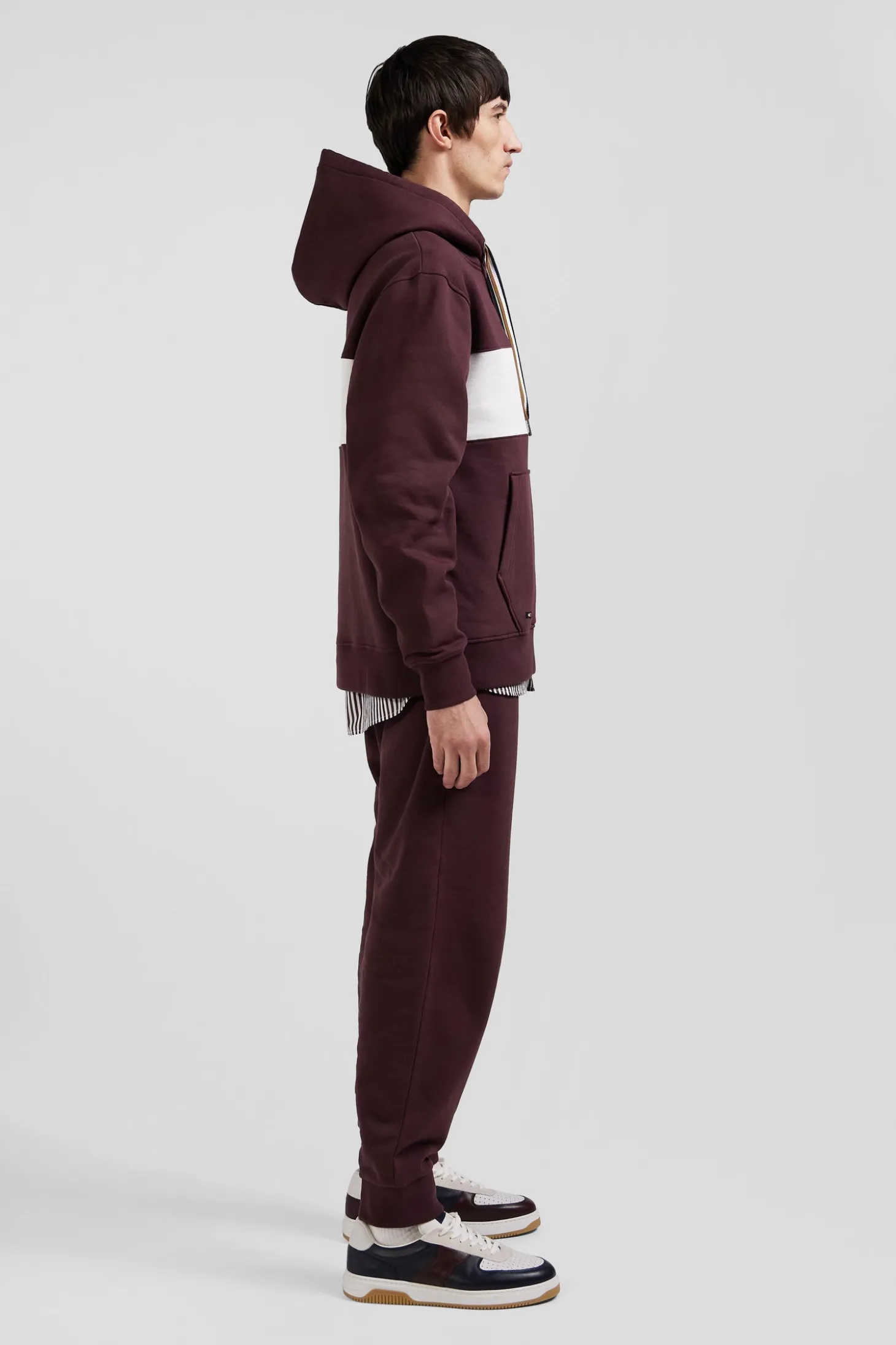 Relaxed burgundy colorblock cotton hoodie