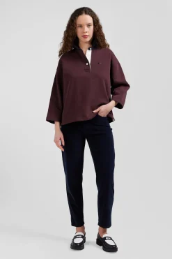Relaxed burgundy cotton sweatshirt with rugby shirt collar