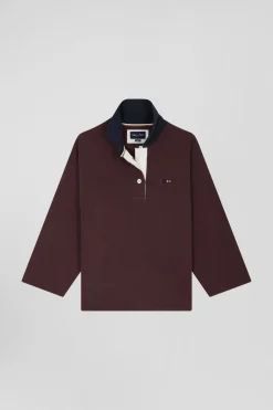 Relaxed burgundy cotton sweatshirt with rugby shirt collar