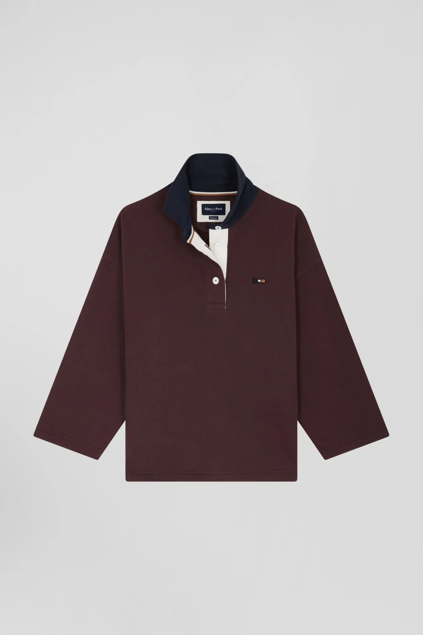 Relaxed burgundy cotton sweatshirt with rugby shirt collar