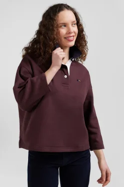 Relaxed burgundy cotton sweatshirt with rugby shirt collar