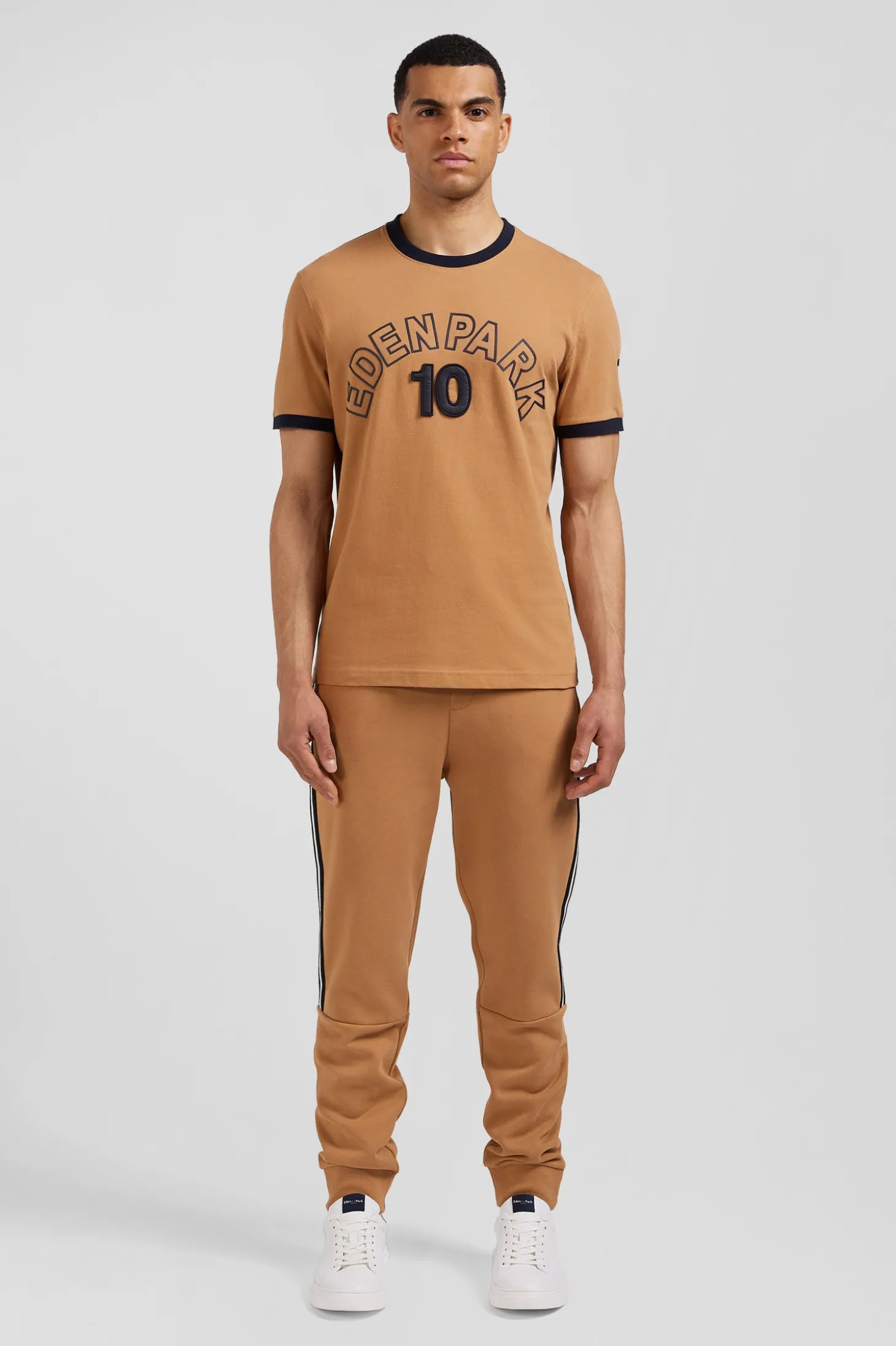 Relaxed camel bicolor short-sleeved cotton T-shirt with Eden Park 10 print