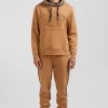 Relaxed camel cotton blend hoodie with padded embroidery