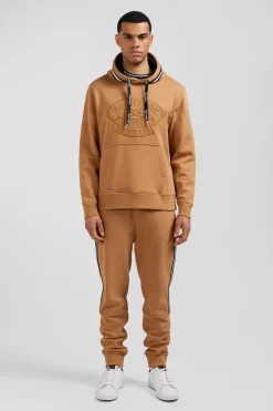 Relaxed camel cotton blend hoodie with padded embroidery