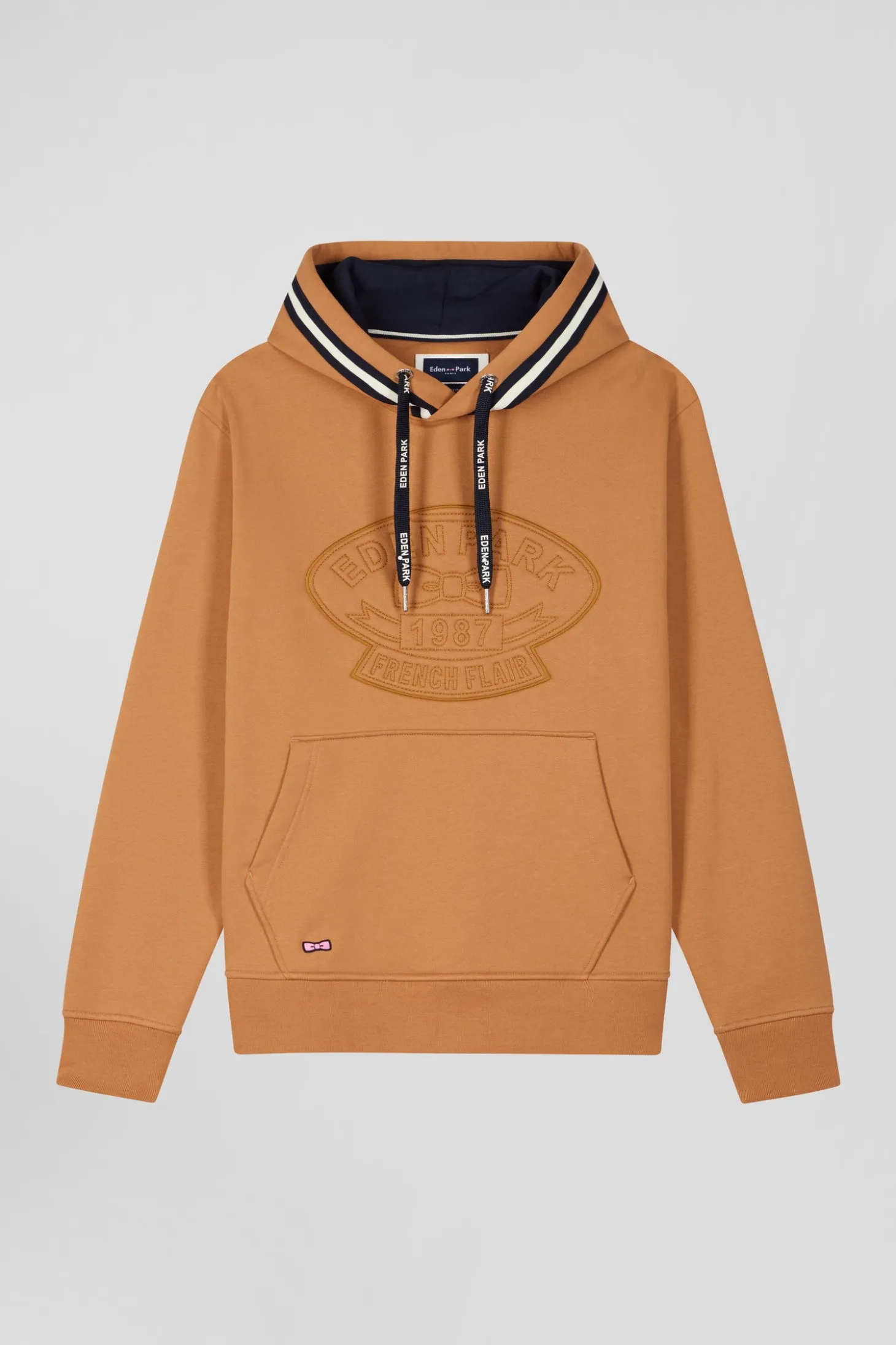 Relaxed camel cotton blend hoodie with padded embroidery