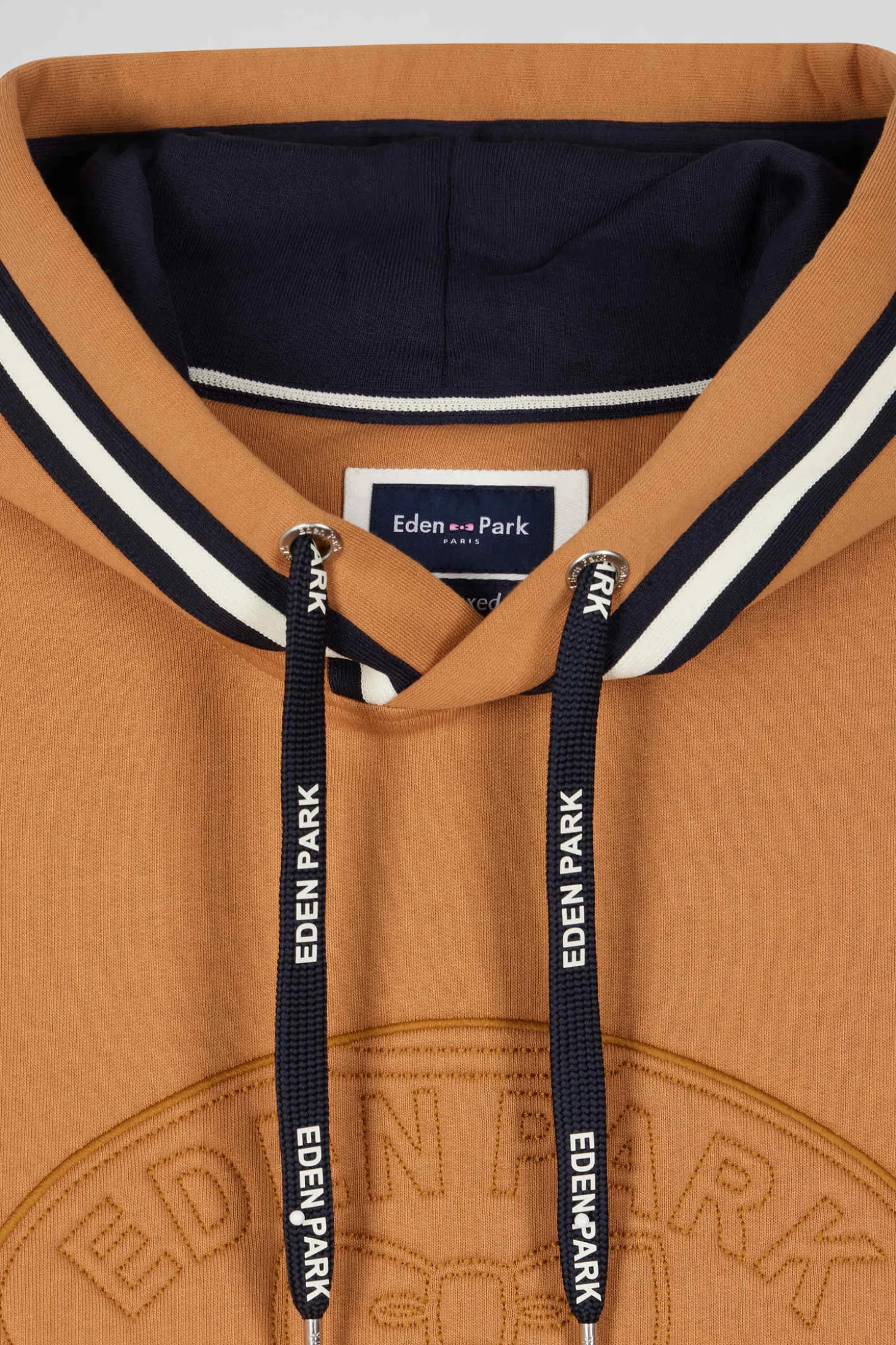 Relaxed camel cotton blend hoodie with padded embroidery