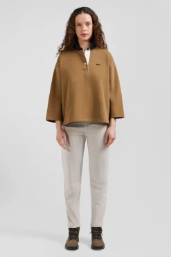 Relaxed camel cotton sweatshirt with rugby shirt collar