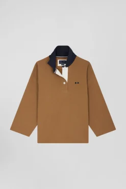 Relaxed camel cotton sweatshirt with rugby shirt collar