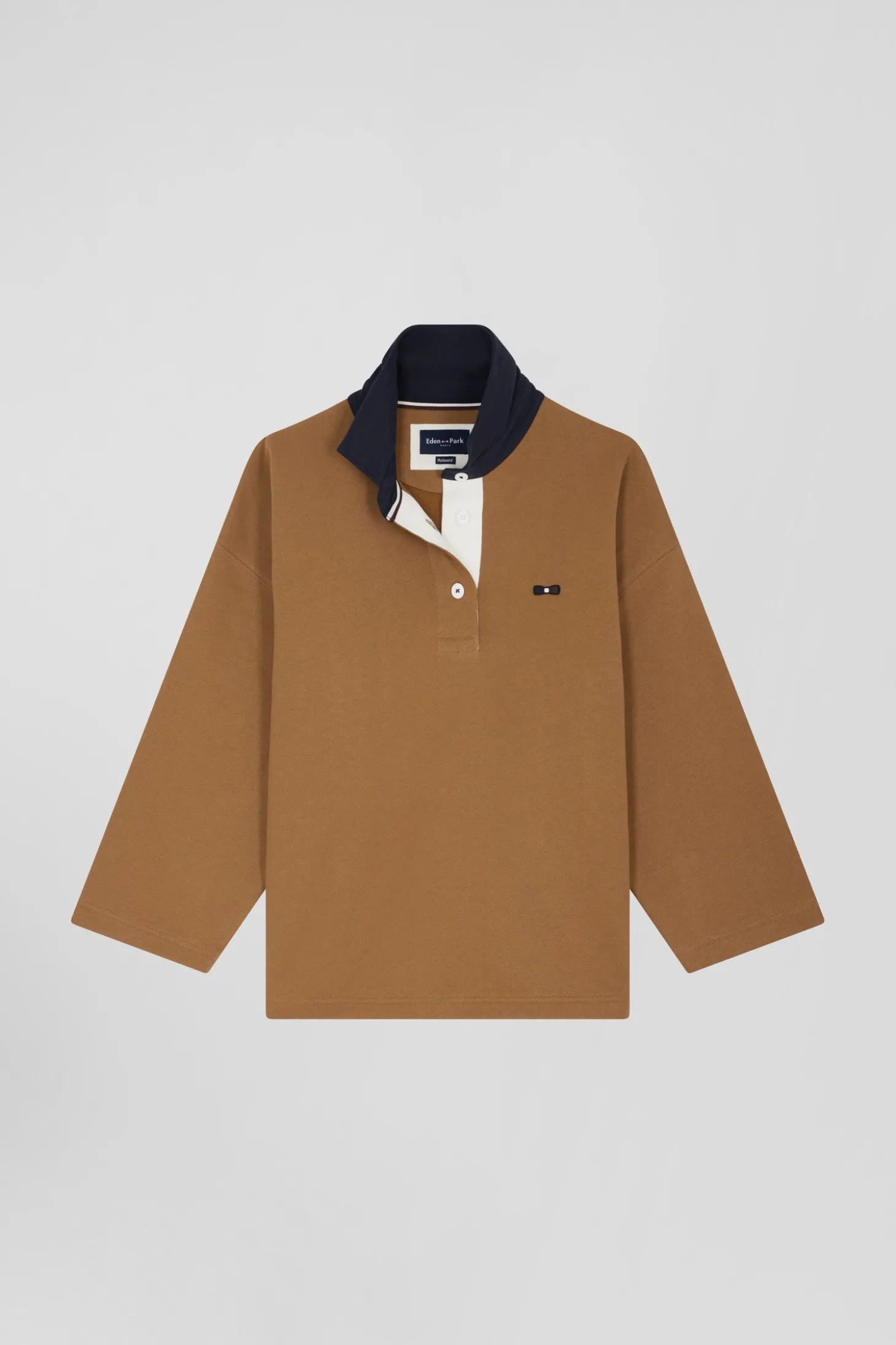 Relaxed camel cotton sweatshirt with rugby shirt collar