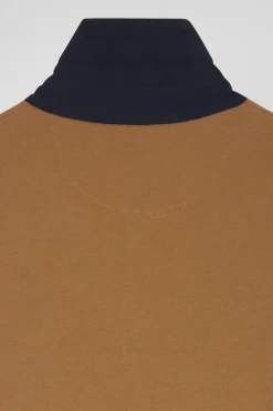 Relaxed camel cotton sweatshirt with rugby shirt collar