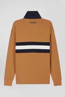 Relaxed camel embroidered long-sleeved cotton rugby shirt