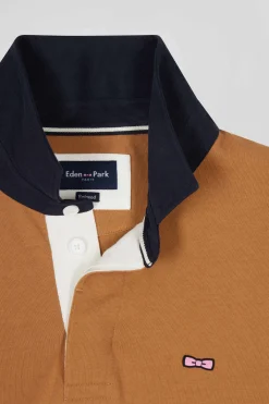Relaxed camel embroidered long-sleeved cotton rugby shirt