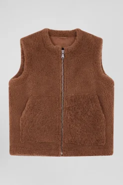 Relaxed camel sleeveless zip-up vest
