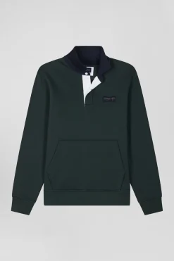 Relaxed green cotton blend sweatshirt with checked patchwork and rugby shirt collar