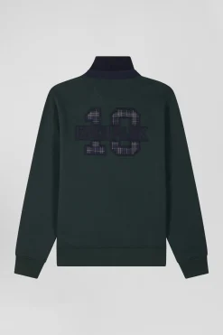 Relaxed green cotton blend sweatshirt with checked patchwork and rugby shirt collar