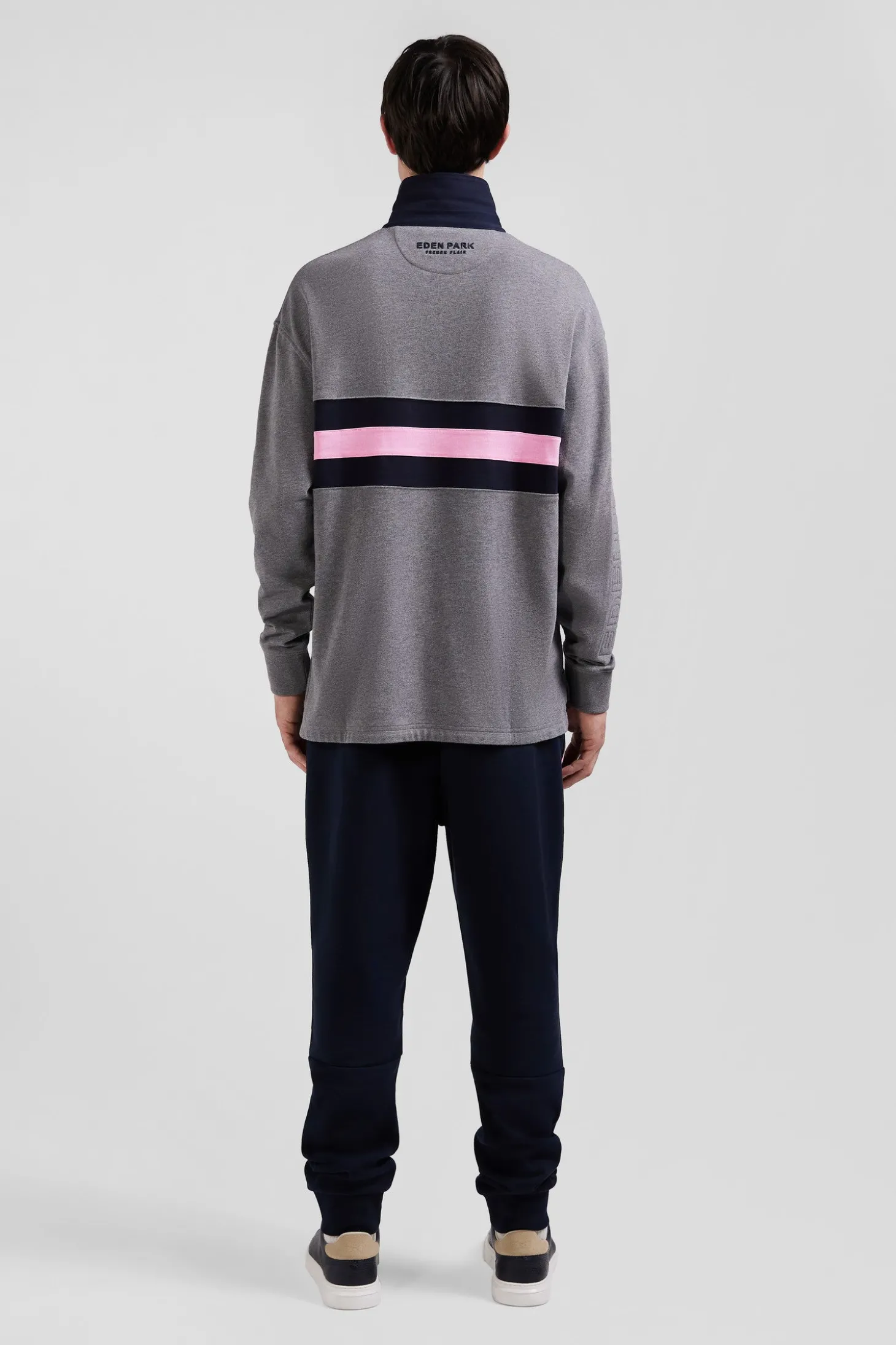 Relaxed grey embroidered long-sleeved cotton rugby shirt