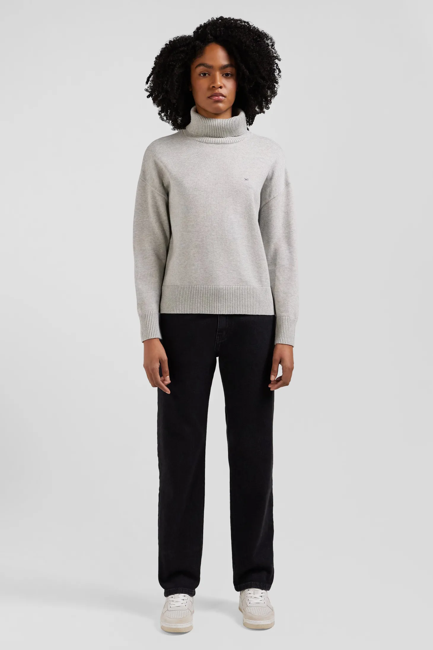 Relaxed light grey wool and cotton turtleneck jumper
