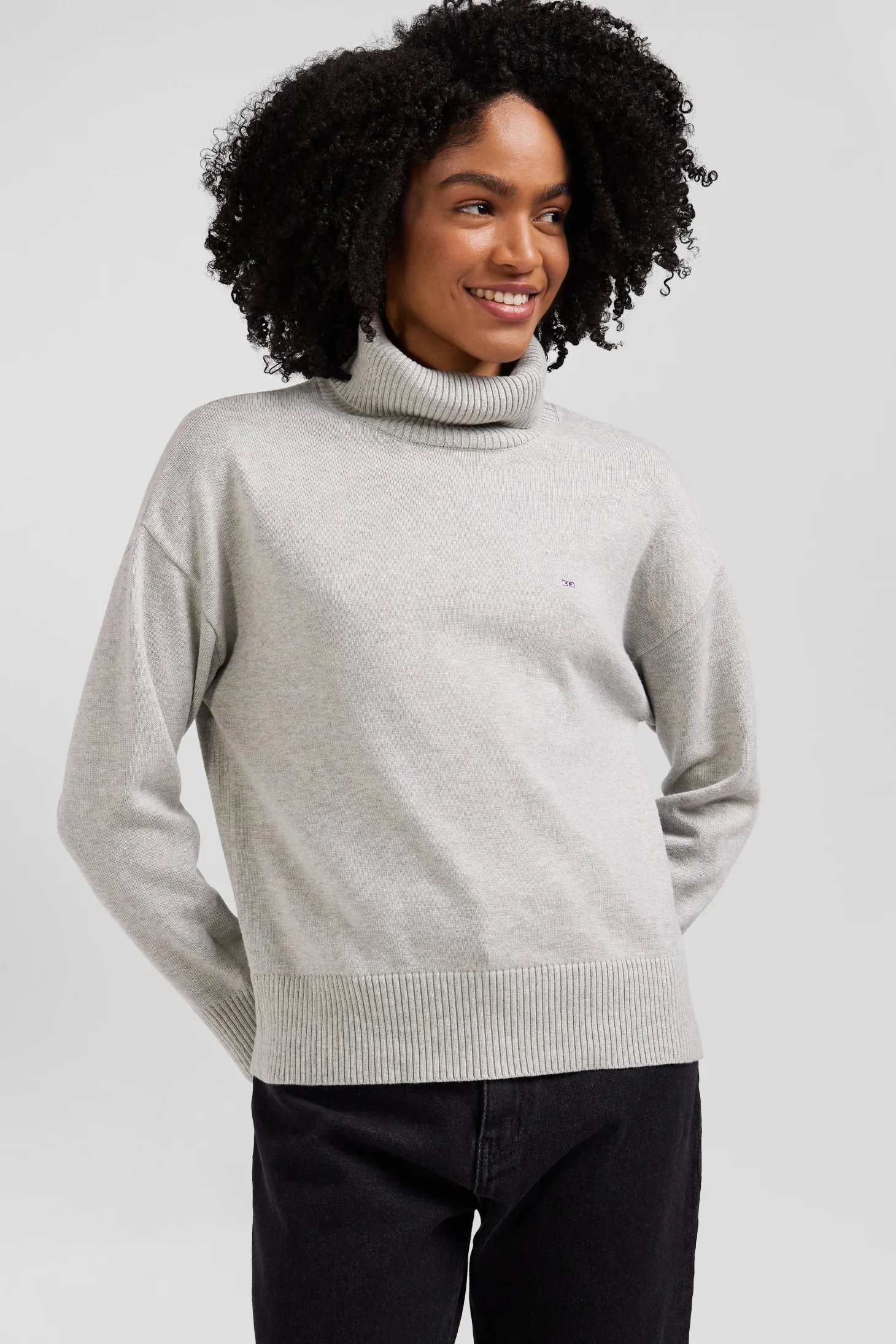 Relaxed light grey wool and cotton turtleneck jumper