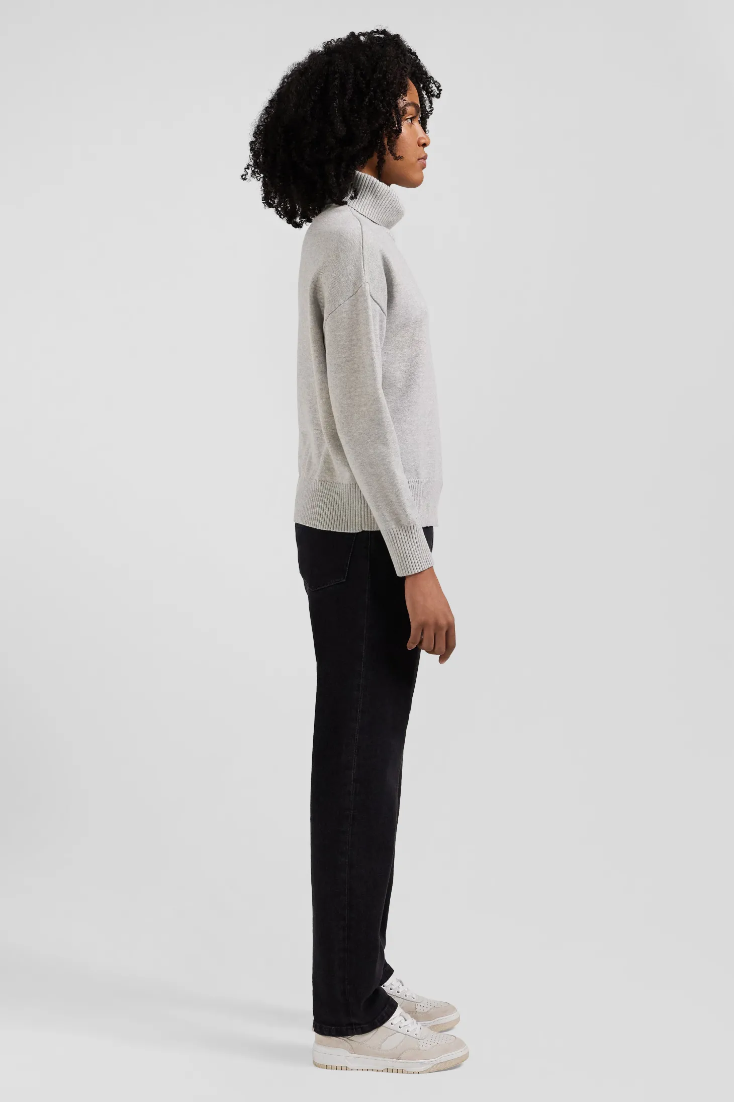 Relaxed light grey wool and cotton turtleneck jumper