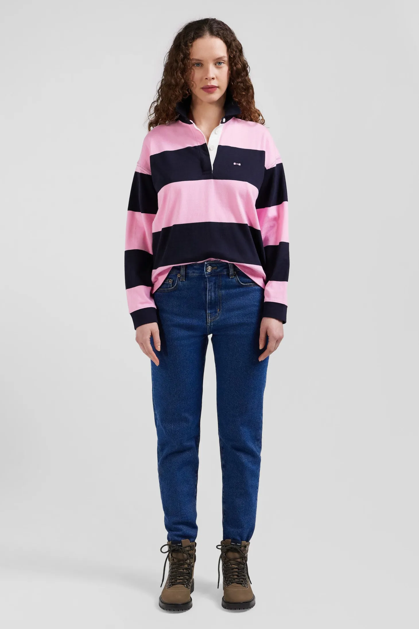 Relaxed navy and pink striped long-sleeved cotton rugby shirt