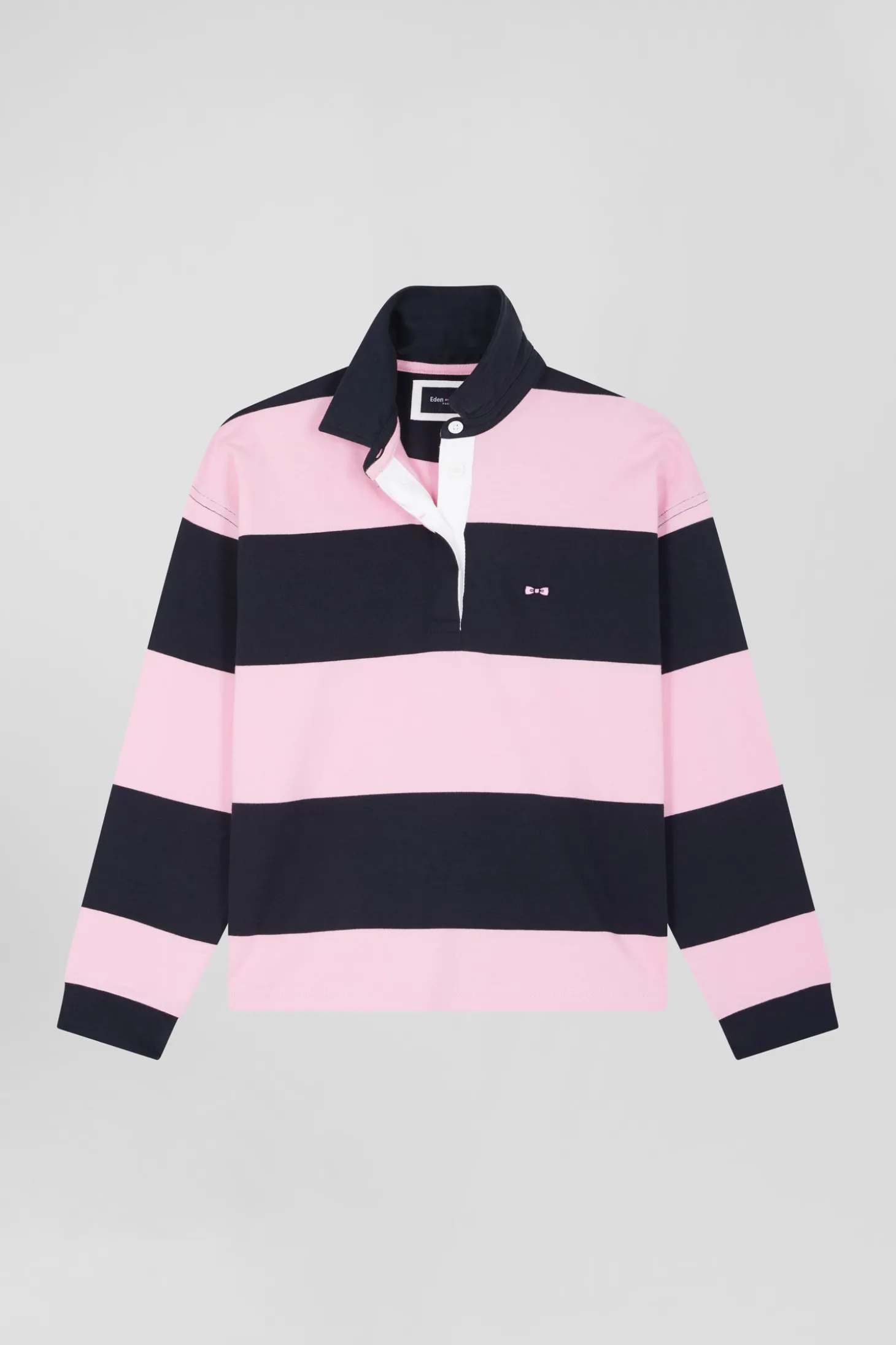 Relaxed navy and pink striped long-sleeved cotton rugby shirt