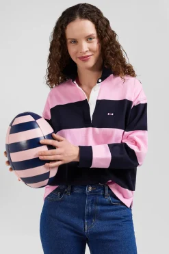 Relaxed navy and pink striped long-sleeved cotton rugby shirt