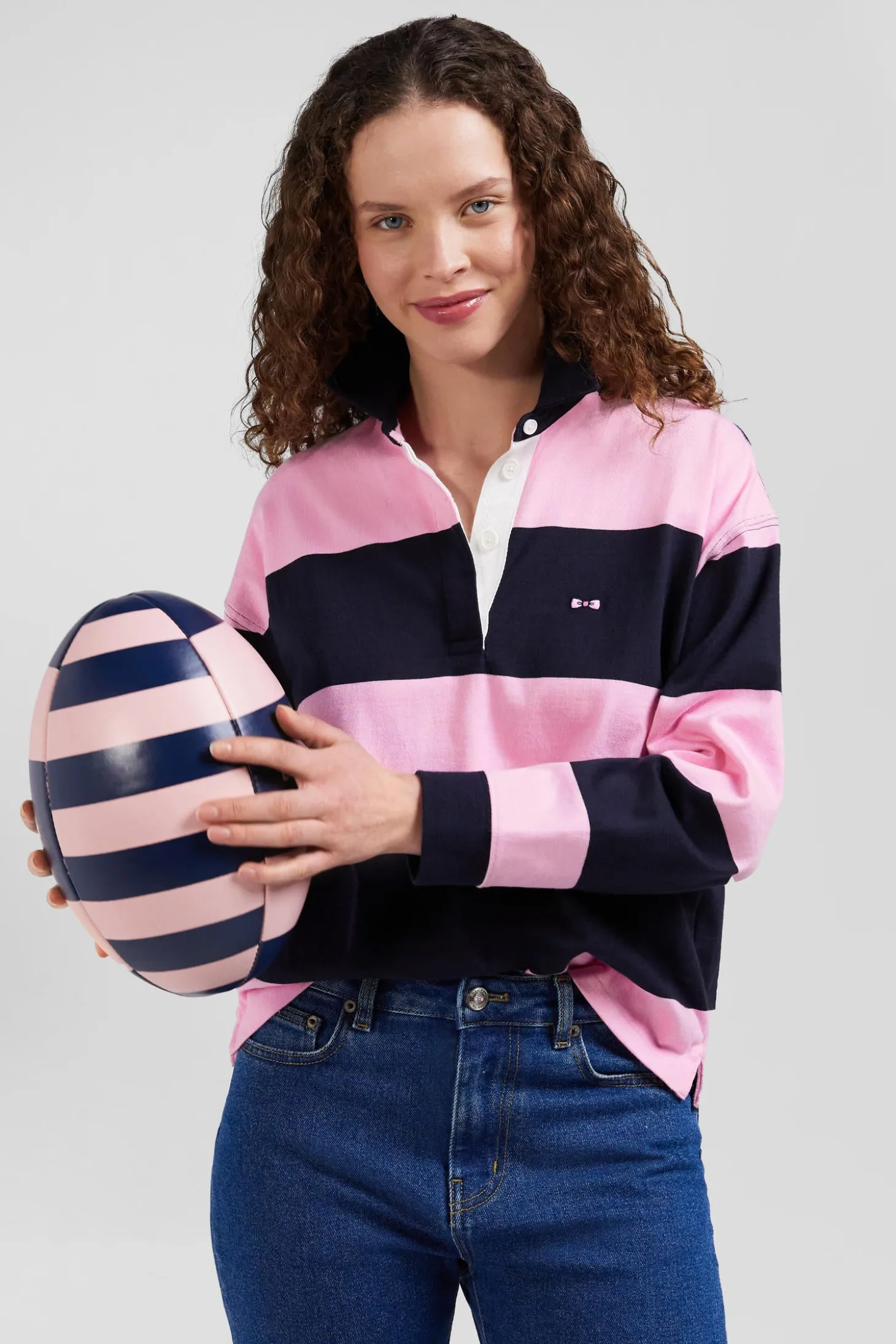 Relaxed navy and pink striped long-sleeved cotton rugby shirt